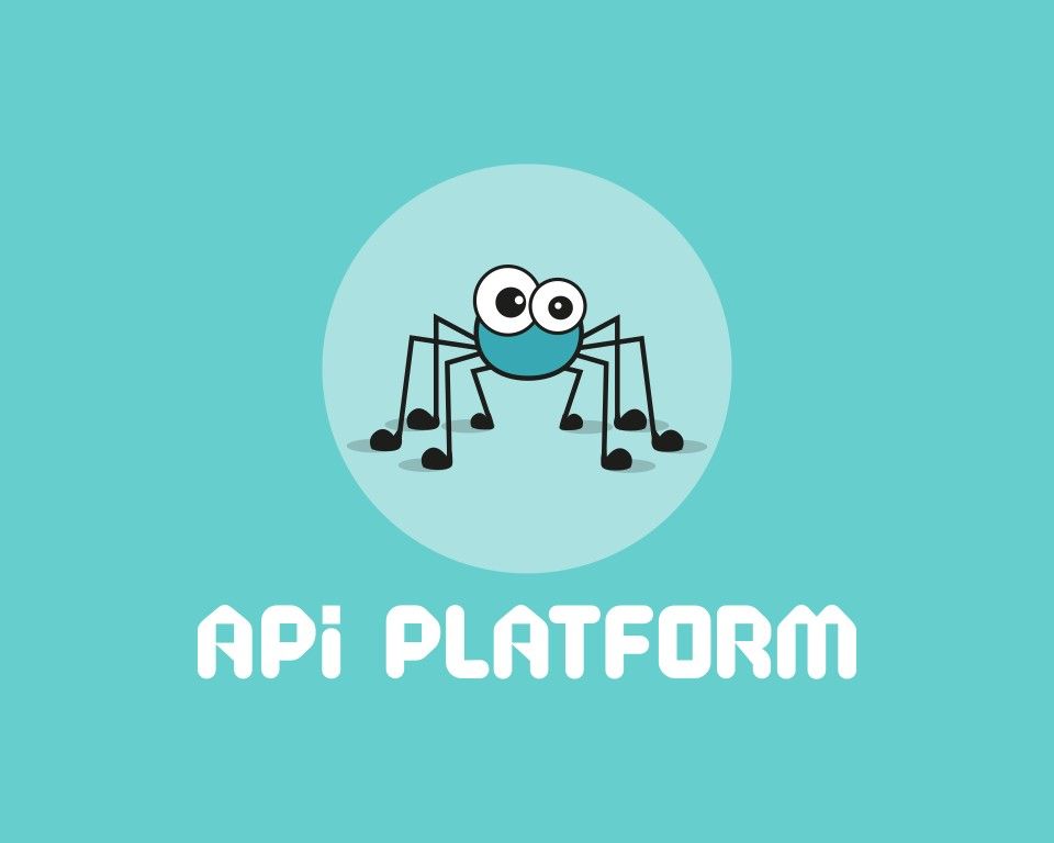 An illustrated logo for API Platform featuring a cartoon spider mascot with musical note legs inside a light blue circle, set against a turquoise background with the text 'API PLATFORM' below in a geometric font