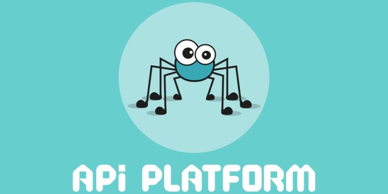 An illustrated logo for API Platform featuring a cartoon spider mascot with musical note legs inside a light blue circle, set against a turquoise background with the text 'API PLATFORM' below in a geometric font
